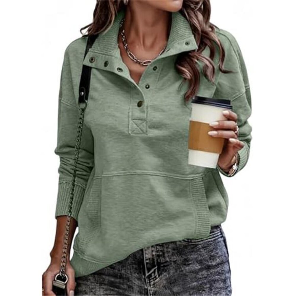Womens Long Sleeve Sweatshirt Stand Neck Button Drawstring Casual Pullover Top